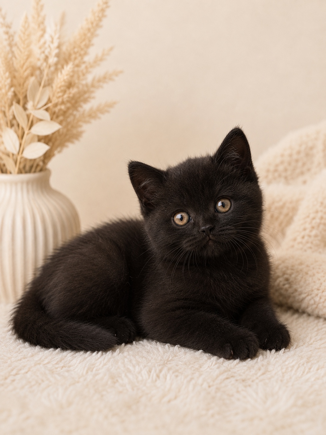 Dark chocolate British Shorthair kitten resting on a soft blanket