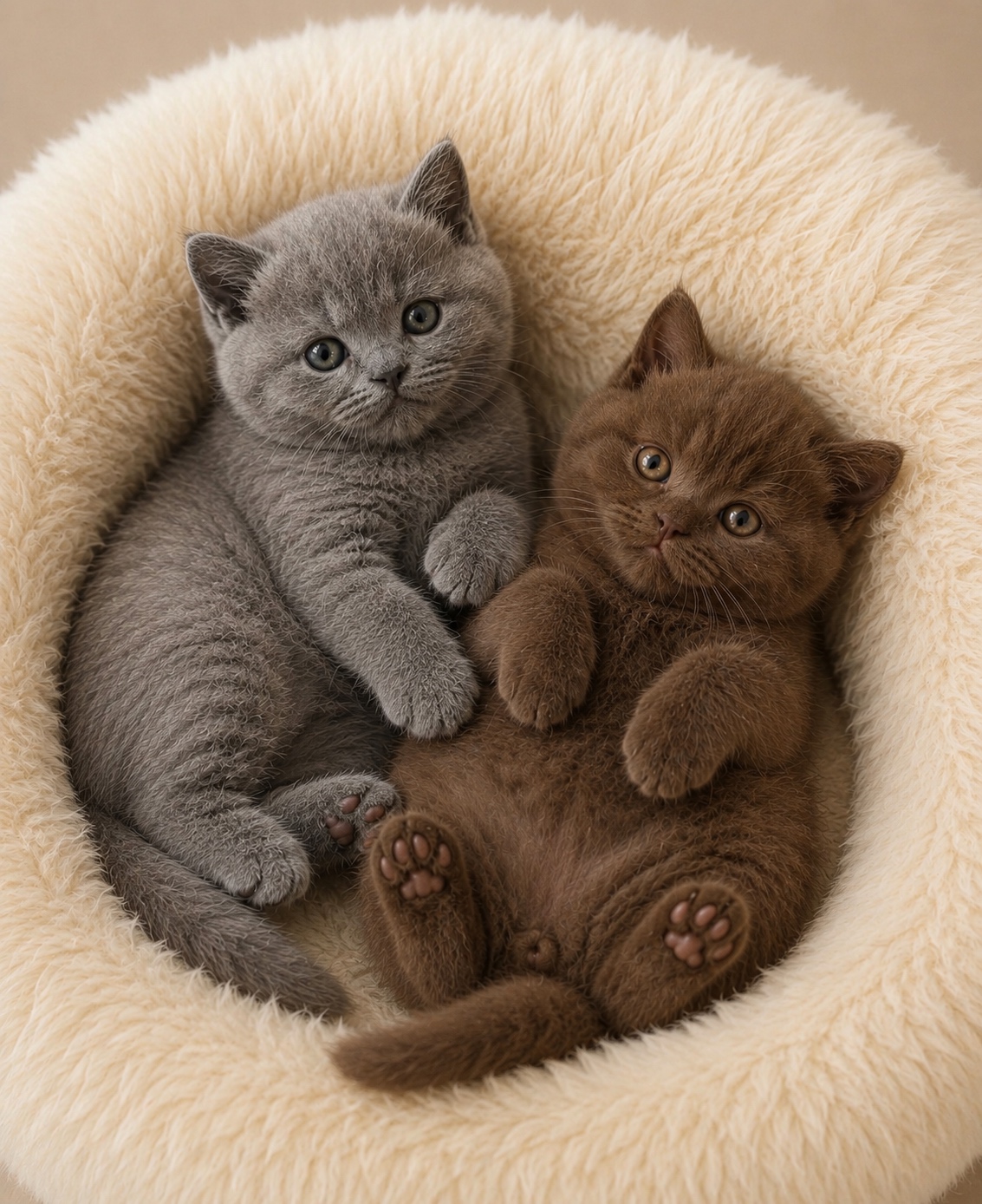 Blue and chocolate British Shorthair kittens in a round bed
