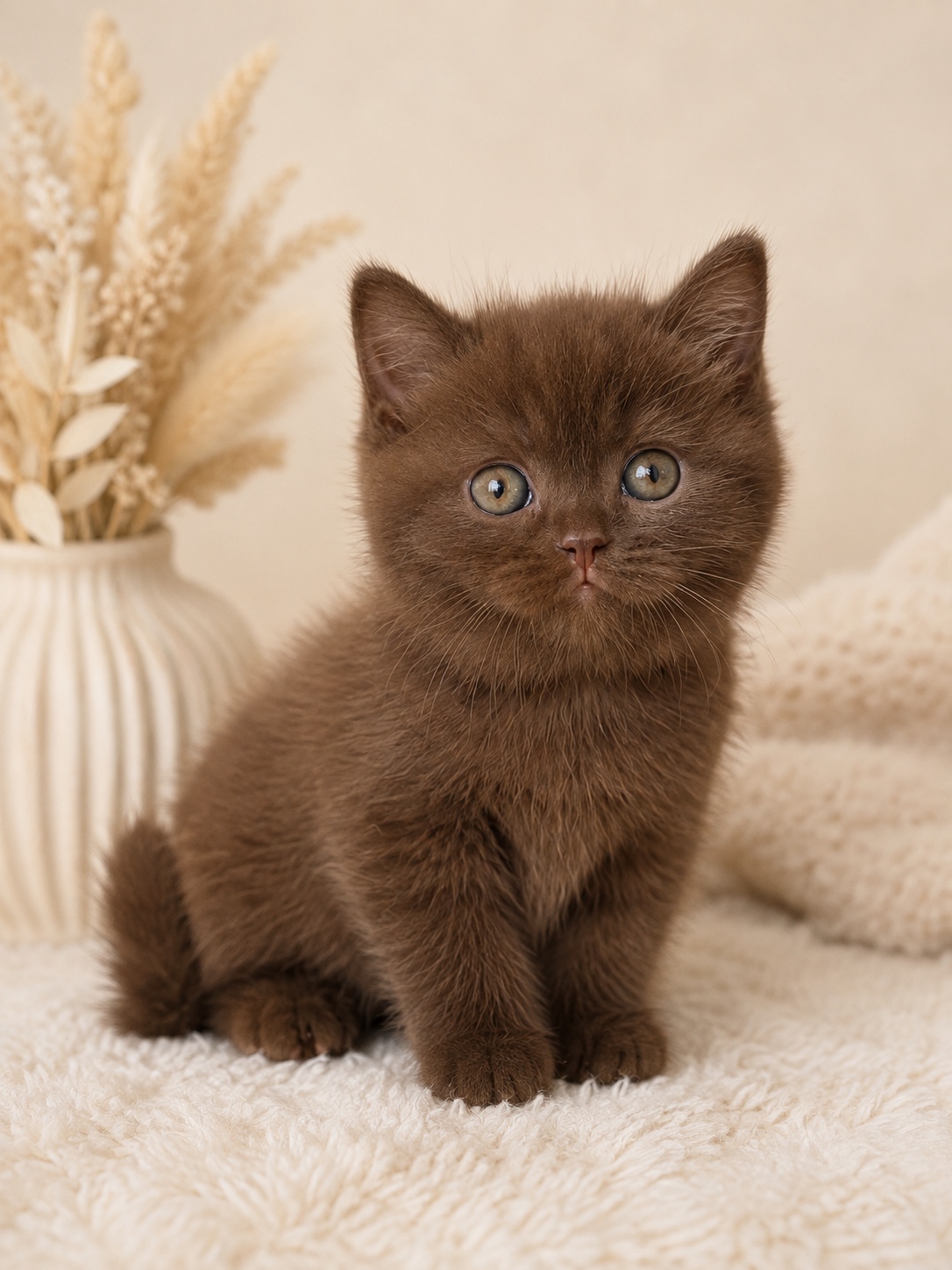 Chocolate British Shorthair kitten sitting by a vase of dried flowers