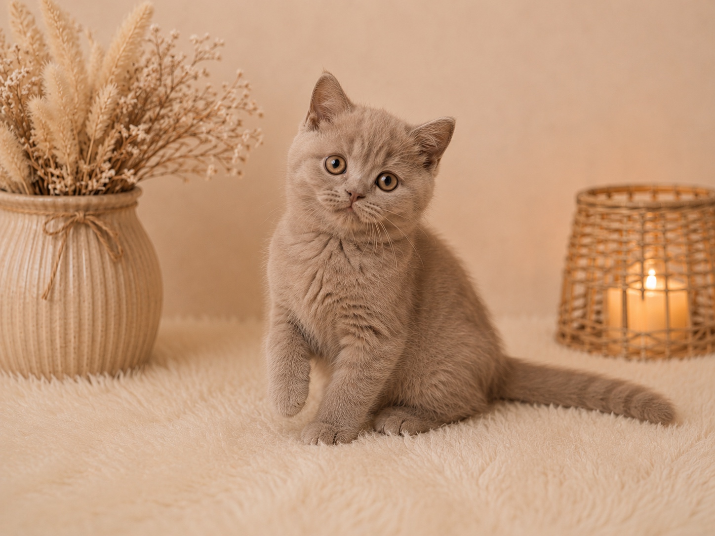 Lilac British Shorthair kitten by candlelight