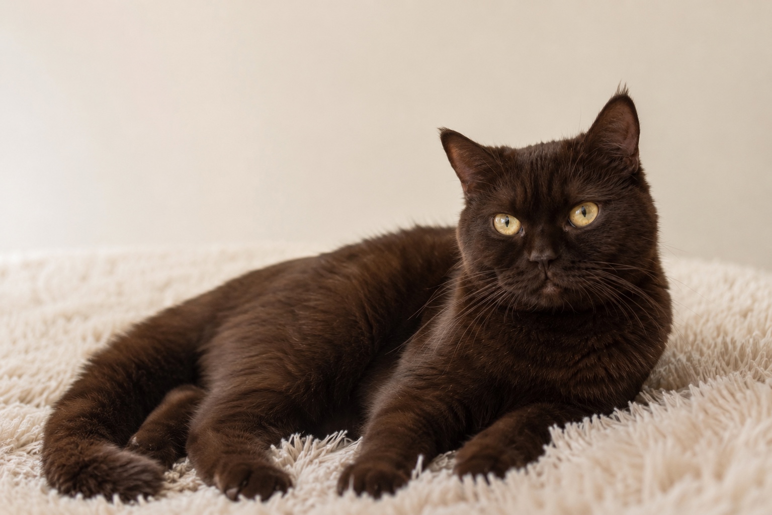 Penny, a chocolate British Shorthair queen resting on a soft cream blanket