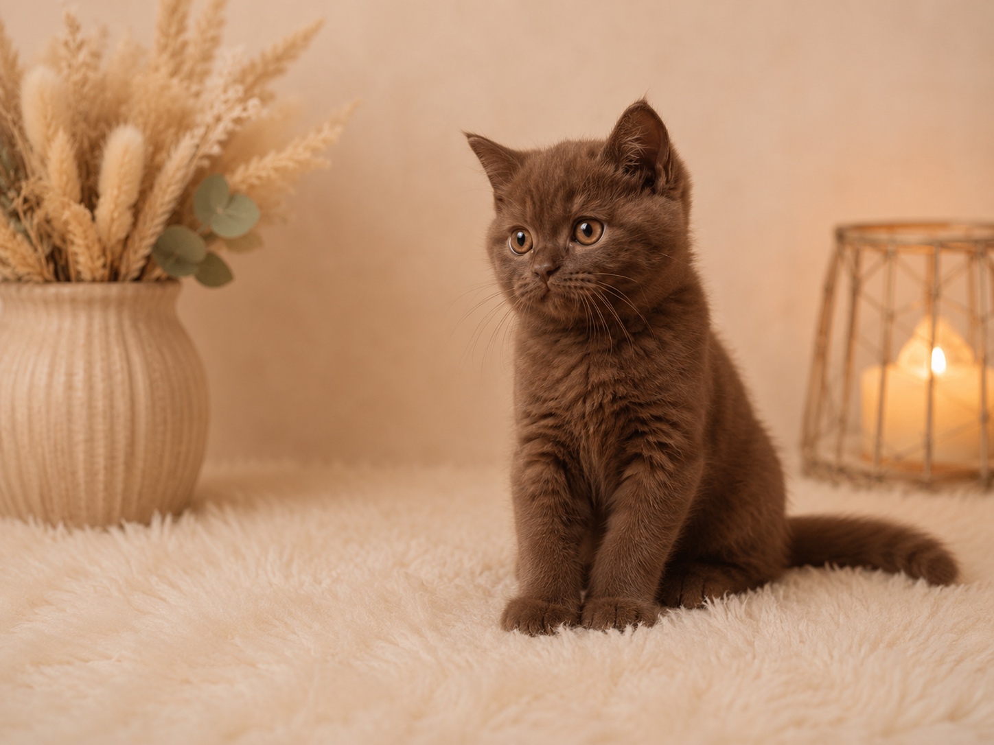 Chocolate British Shorthair kitten sitting by dried flowers