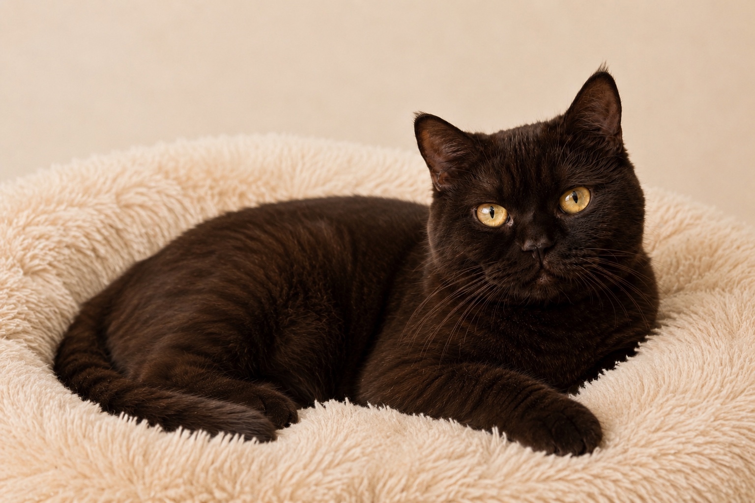 Chocolate British Shorthair cat curled in a plush bed