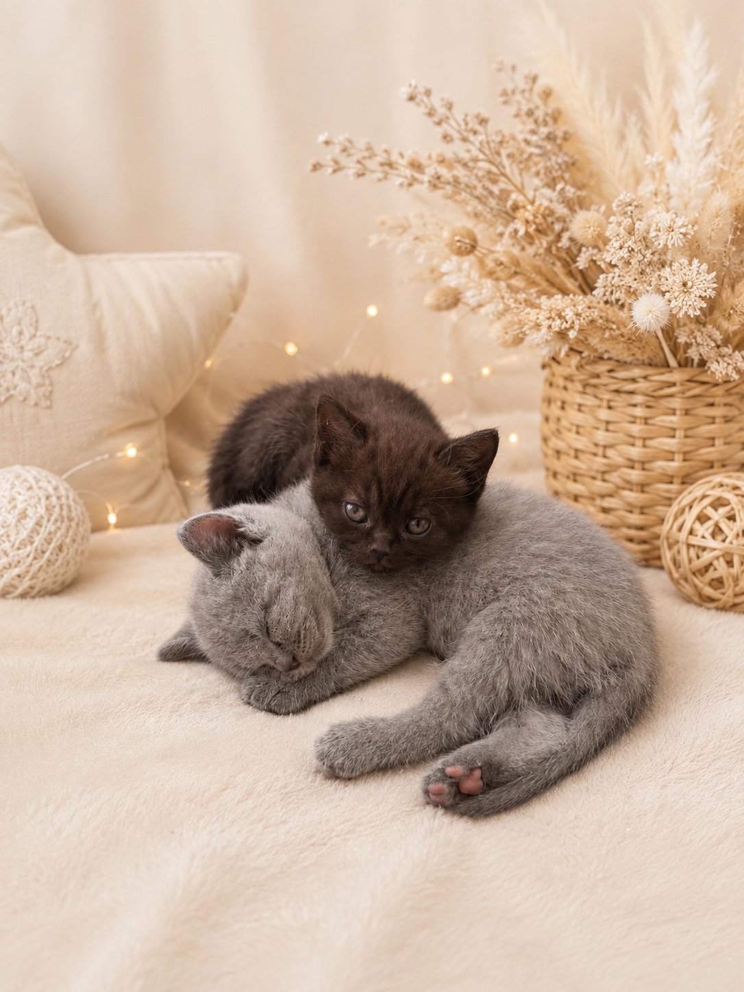 Chocolate and blue British Shorthair kittens cuddling