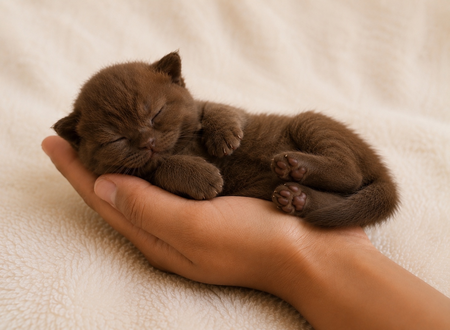 Newborn chocolate British Shorthair kitten asleep in a hand