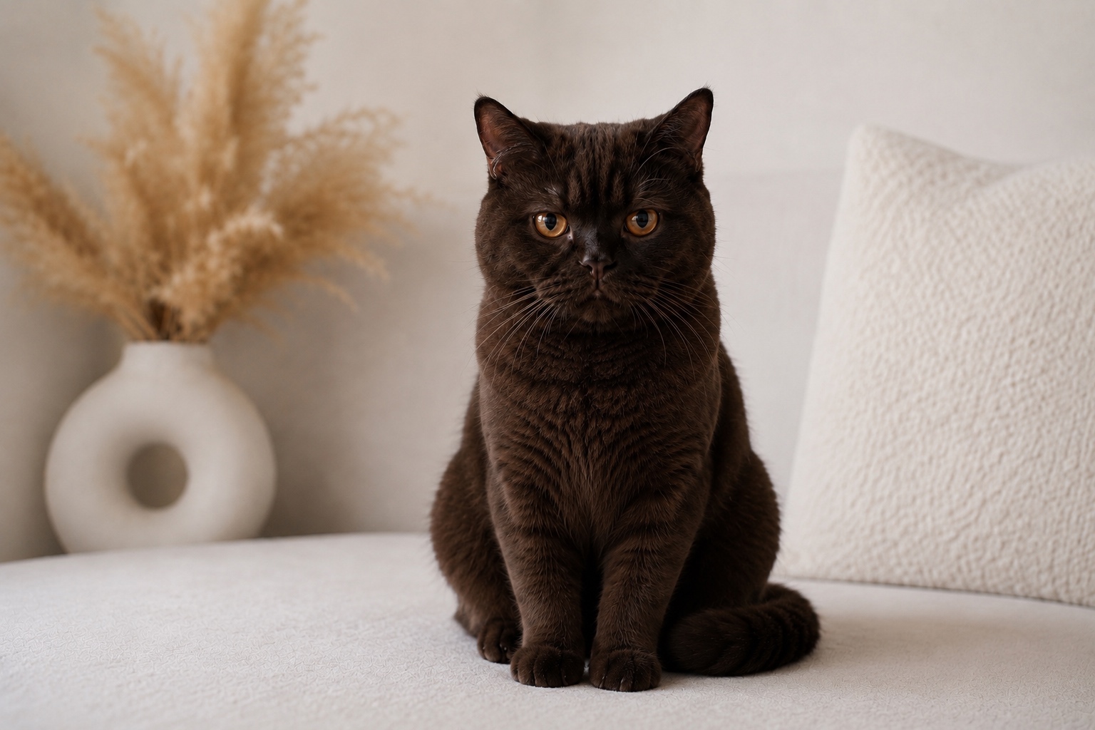Chocolate British Shorthair cat sitting on a cream sofa