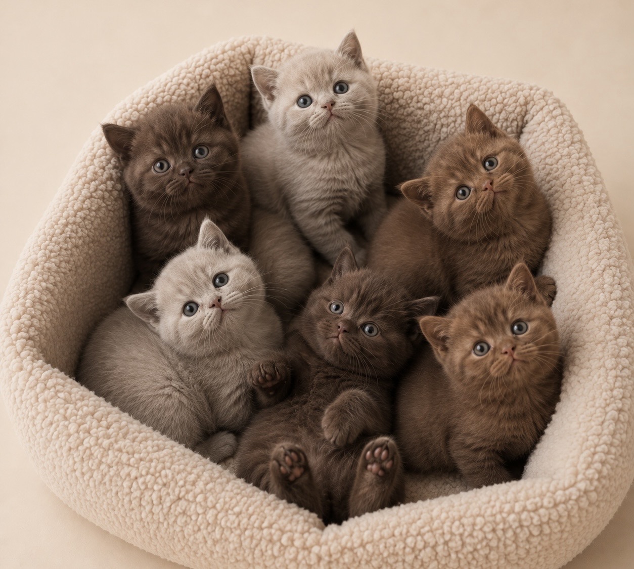 Six British Shorthair kittens in a cream basket