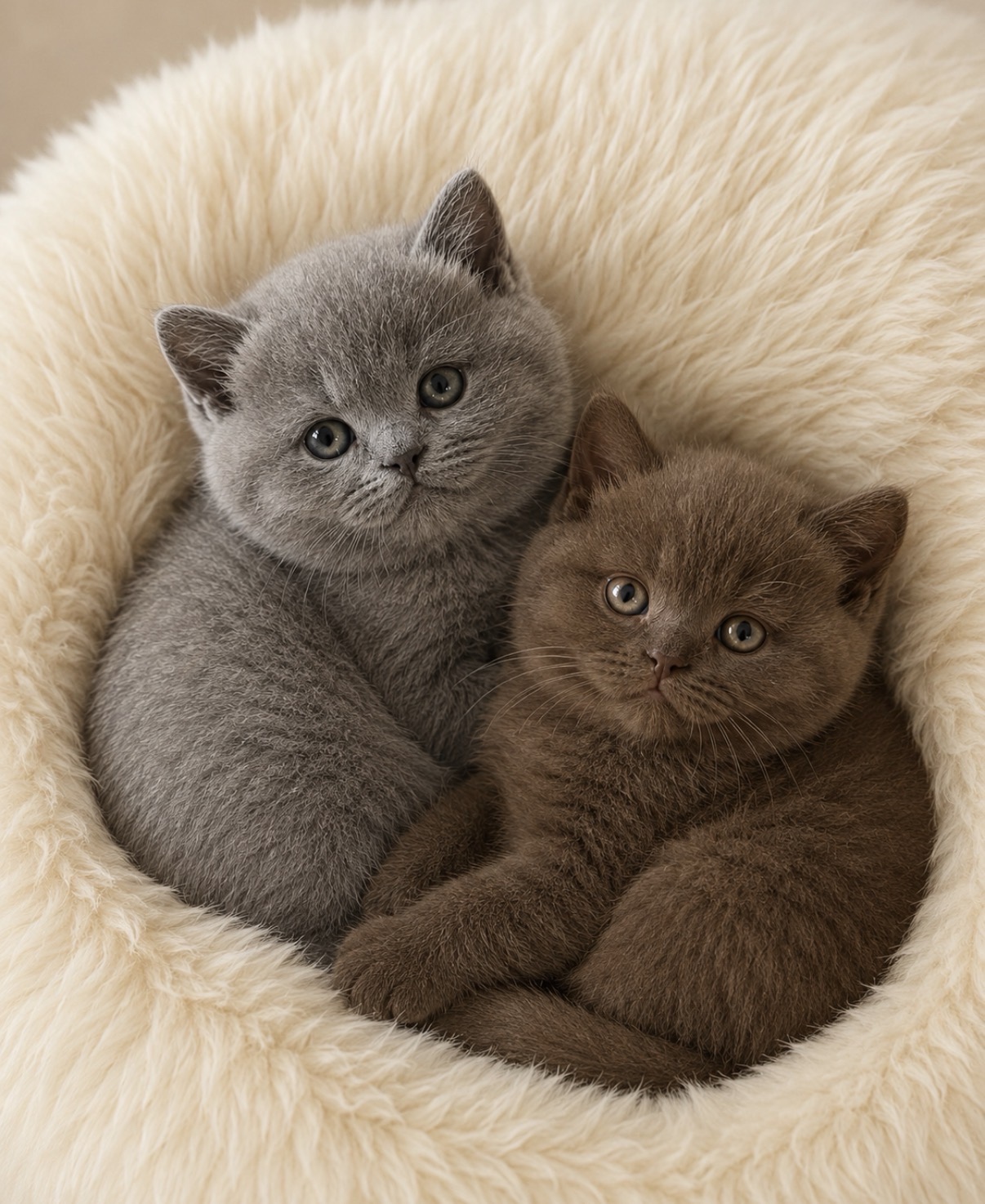Blue and chocolate British Shorthair kittens in a fluffy bed