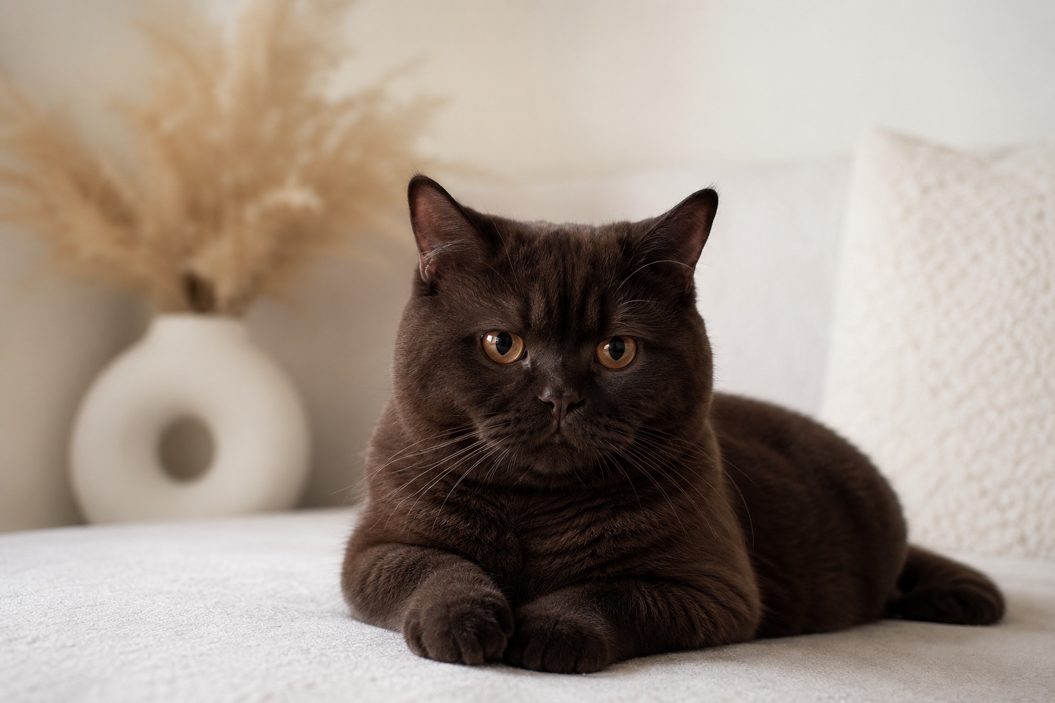 Quicksilver, a chocolate British Shorthair king lying indoors