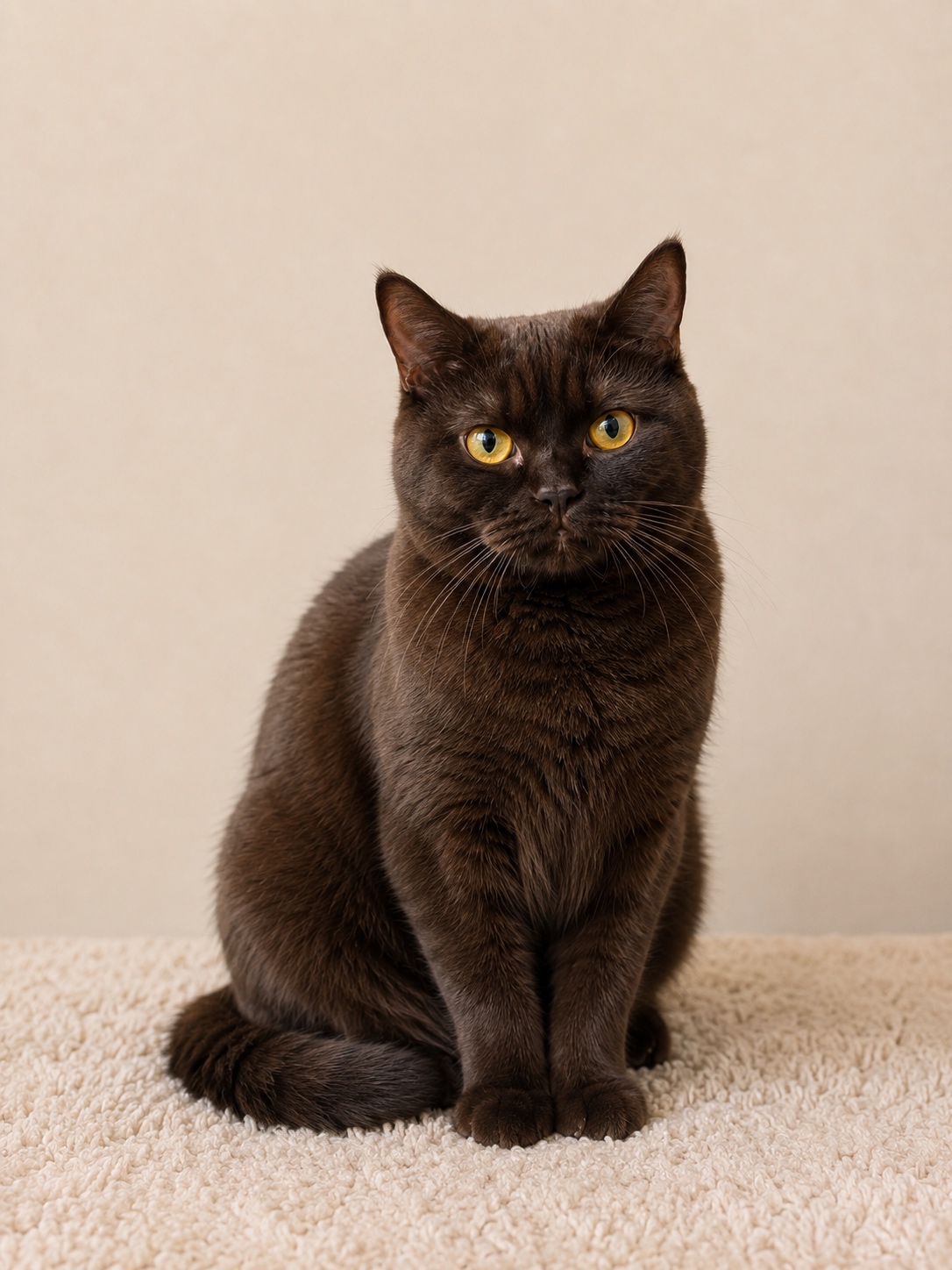Chocolate British Shorthair cat sitting elegantly