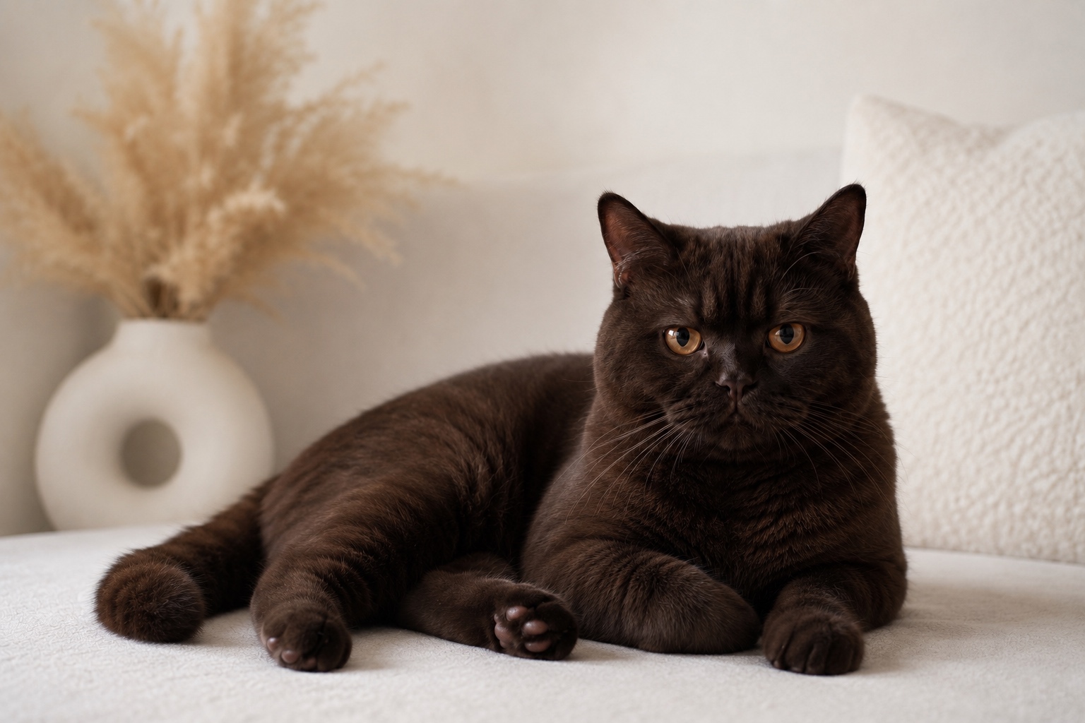 Chocolate British Shorthair cat lying on a cream sofa