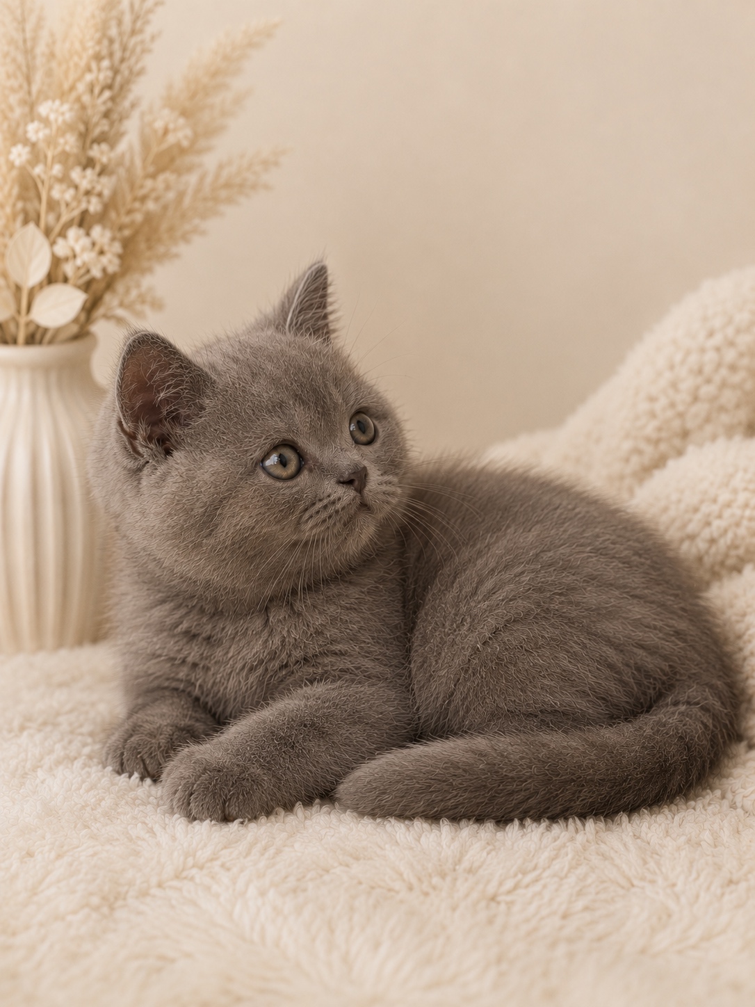 Blue British Shorthair kitten lying on a cream blanket