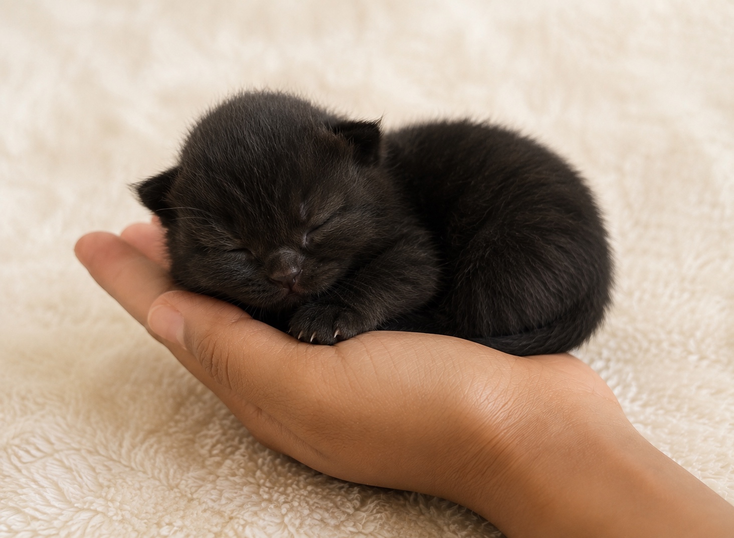Newborn chocolate British Shorthair kitten in a hand
