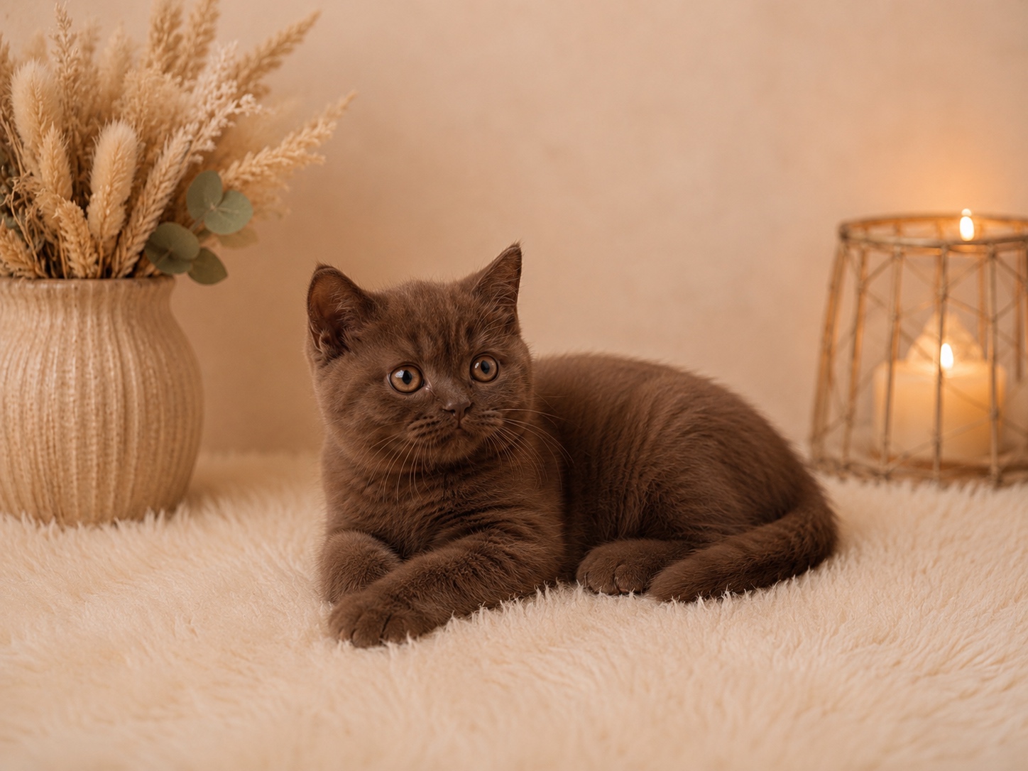 Chocolate British Shorthair kitten on a soft blanket