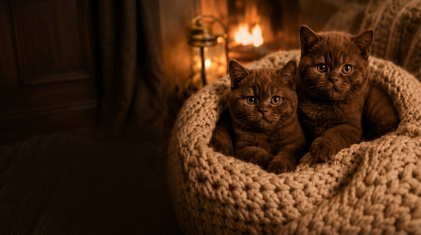 Two chocolate British Shorthair kittens in a knitted bed by the fireplace
